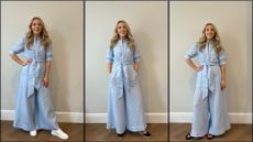 3 photos of Caroline Parr wearing a ME+EM jumpsuit