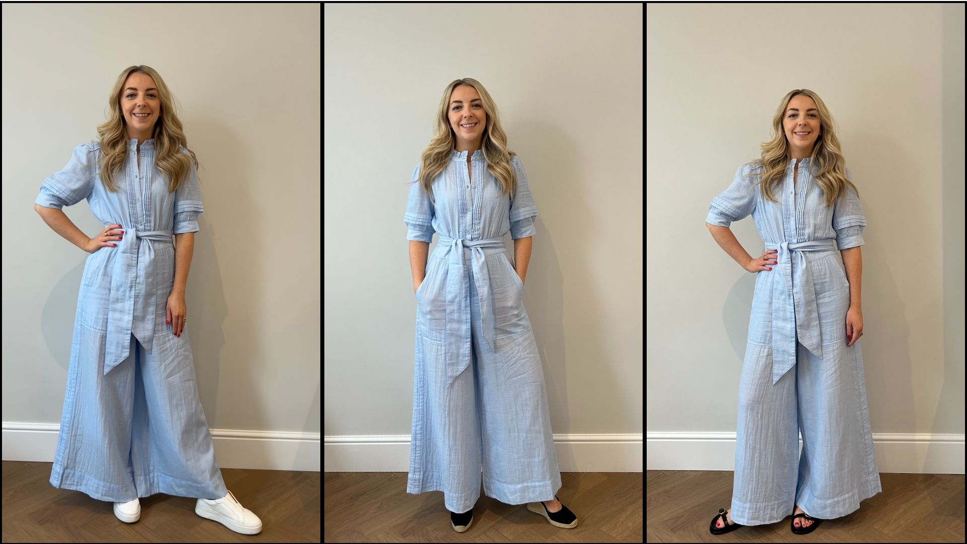 3 photos of Caroline Parr wearing a ME+EM jumpsuit 