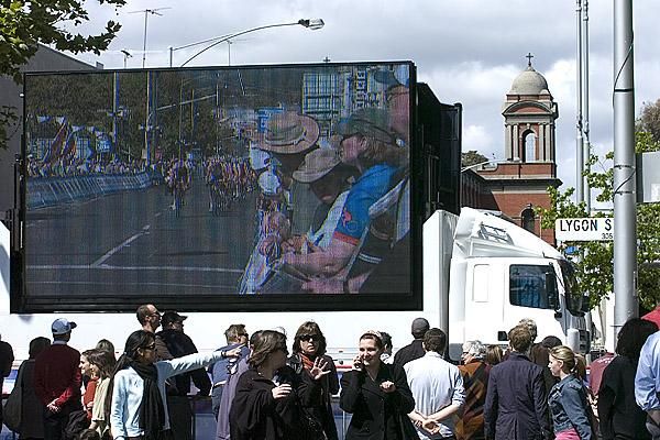 Fans could watch all the action on the big screen on Lygon Street during the final stage of the tour in Carlton.
