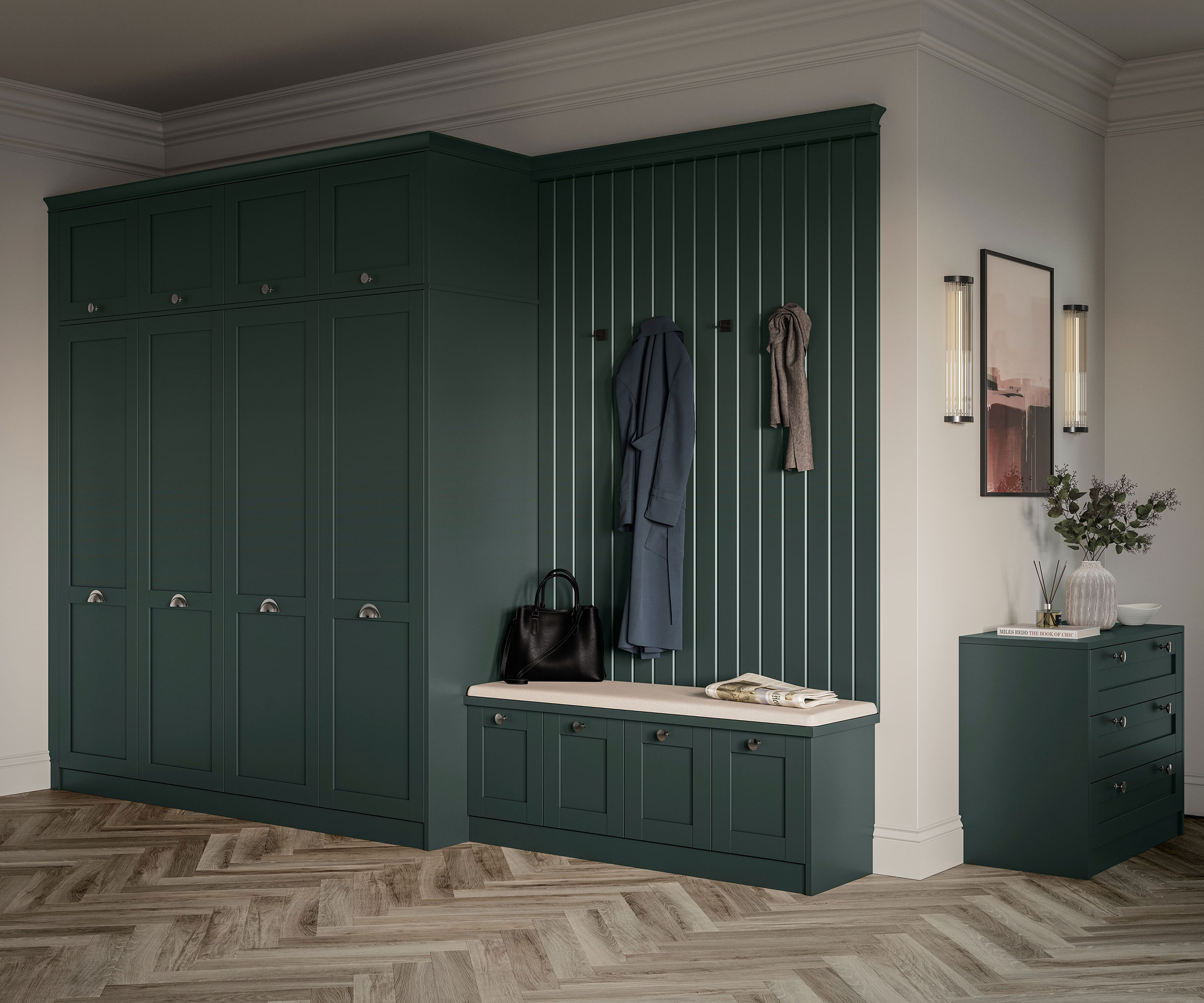 entrance hall with boot room storage and herringbone flooring