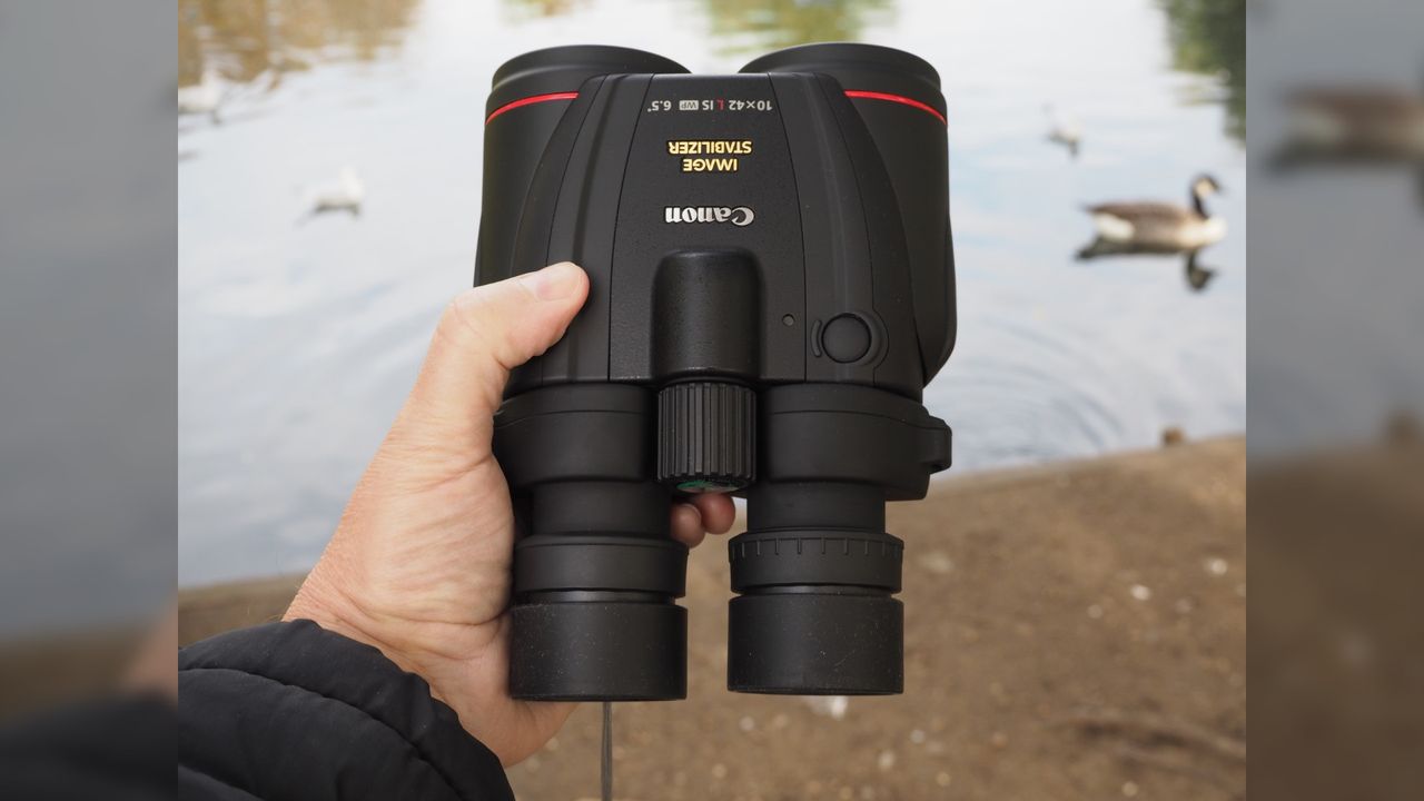 Close up photo of the Canon 10x42L IS WP binoculars