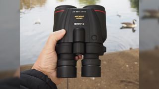 Close up photo of the Canon 10x42L IS WP binoculars.