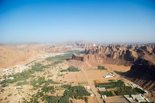 This photograph shows part of the Al-Ula Valley, a region known for its sculpted mountains and vast archaeological remains that date from prehistoric times to the modern day.