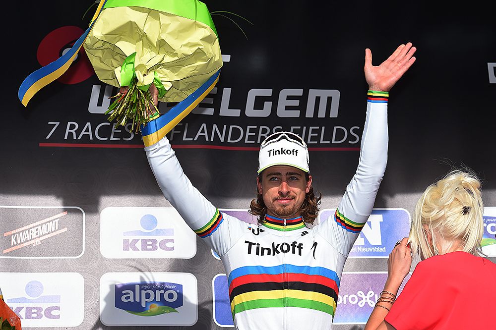 Peter Sagan (Tinkoff) waves to the crowd from the podium at Gent-Wevelgem