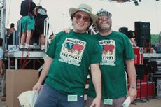 Founders of Ben & Jerry's, Jerry Greenfield (left) and Ben Cohen at the 'One World One Heart Festival' in 1993