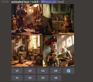 Midjourney generates Toy Story images in response to animated toys prompt