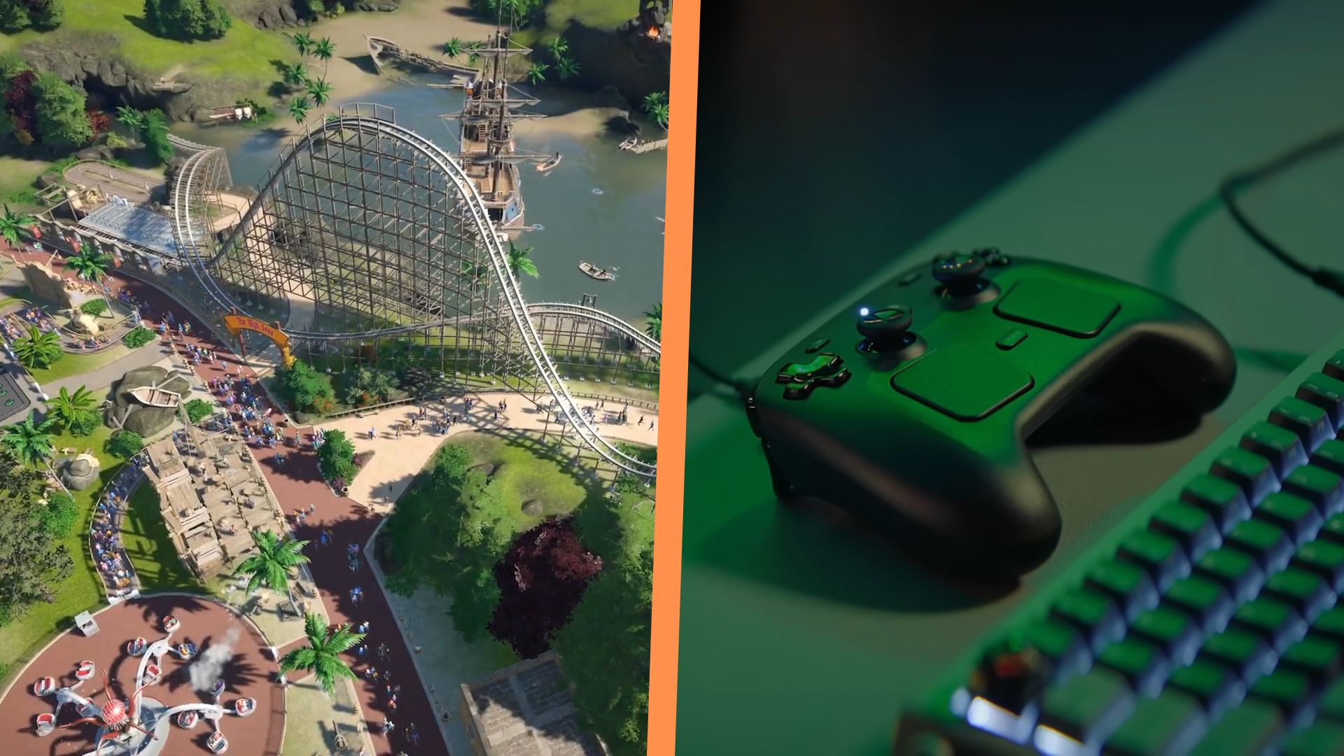A side by side image of the Steam Controller next to a screenshot from a Planet Coaster trailer