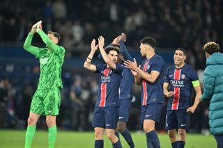 Paris Saint-Germain players applaud their fans after victory over Aston Villa in the first leg of the teams' Champions League quarter-final in April 2025.
