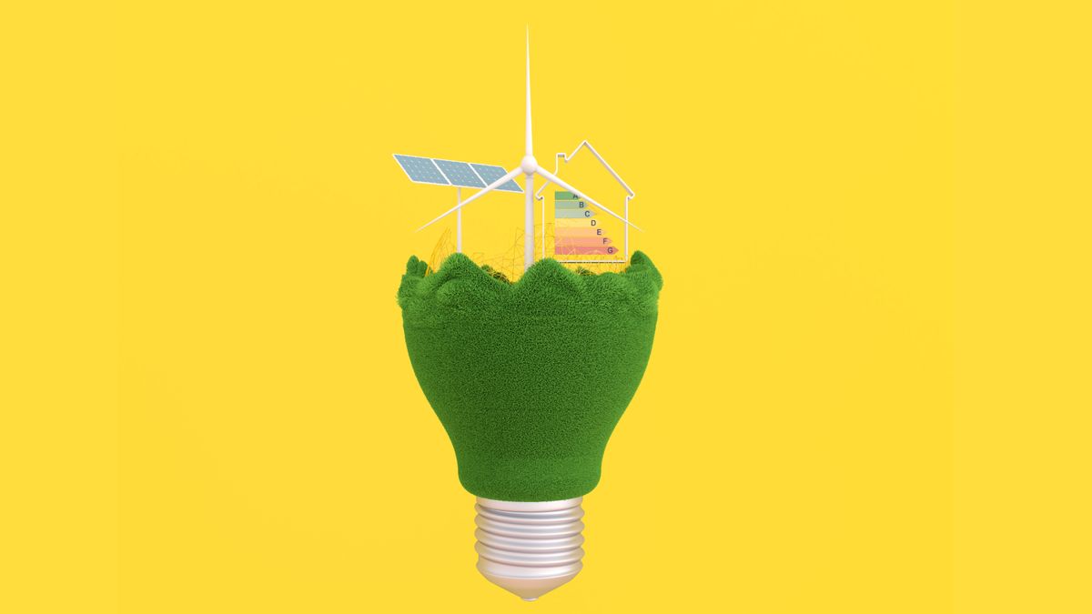 green grass covered lightbulb with top open and wind pump, solar panel, house outline and energy rating graphic poking out of the top, against a yellow background