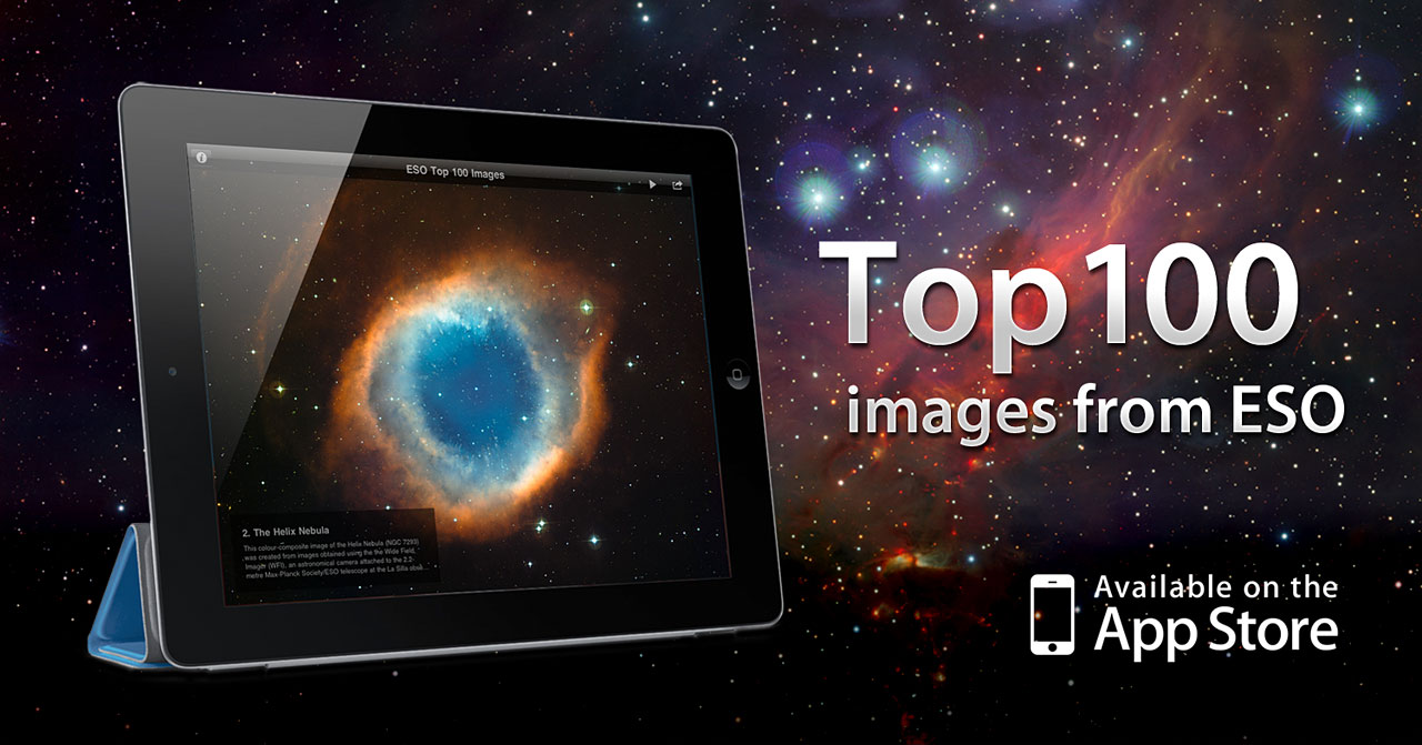 The ESO Top 100 Images app is a free iPad app that brings users a selection of the best astronomical images taken by ESO’s ground-based astronomical telescopes from the Atacama Desert in Chile. Among the features of the app are captions and links for more