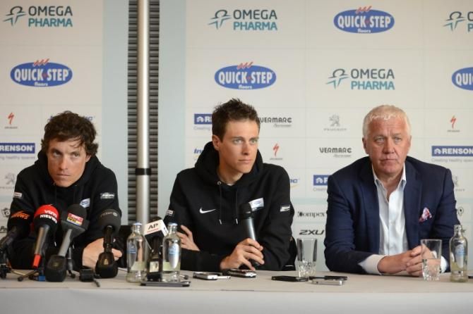 Chavanel, Terpstra and manager Patrick Lefevere await the arrival of Tom Boonen