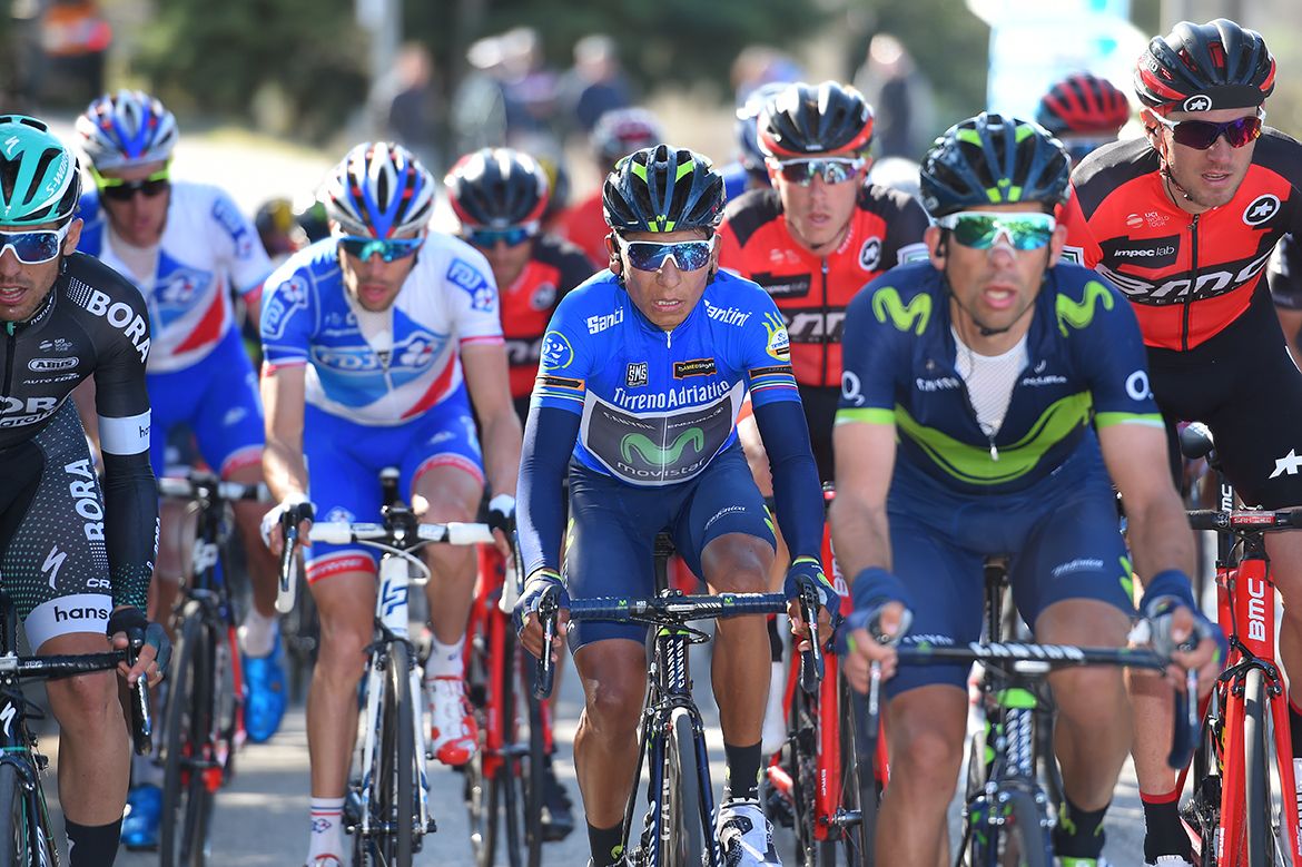 Race leader Nairo Quintana tucked in behind his teammates at Tirreno-Adriatico