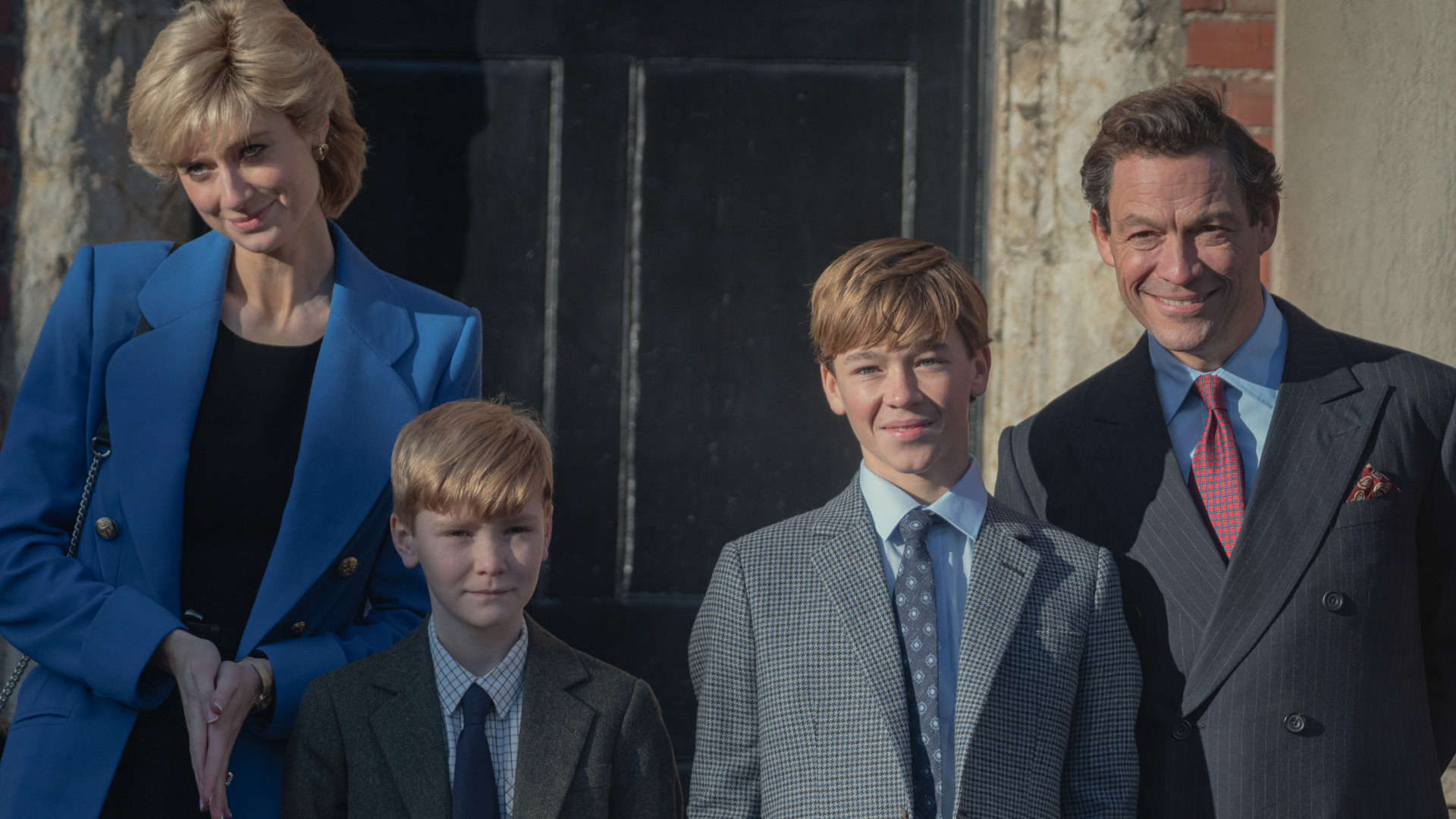 Prince Charles, Princess Diana, Prince William, and Prince Harry pose for photographs in The Crown season 5