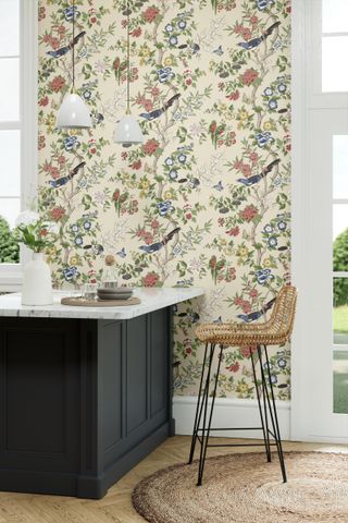 kitchen with panel of decorative wallpaper