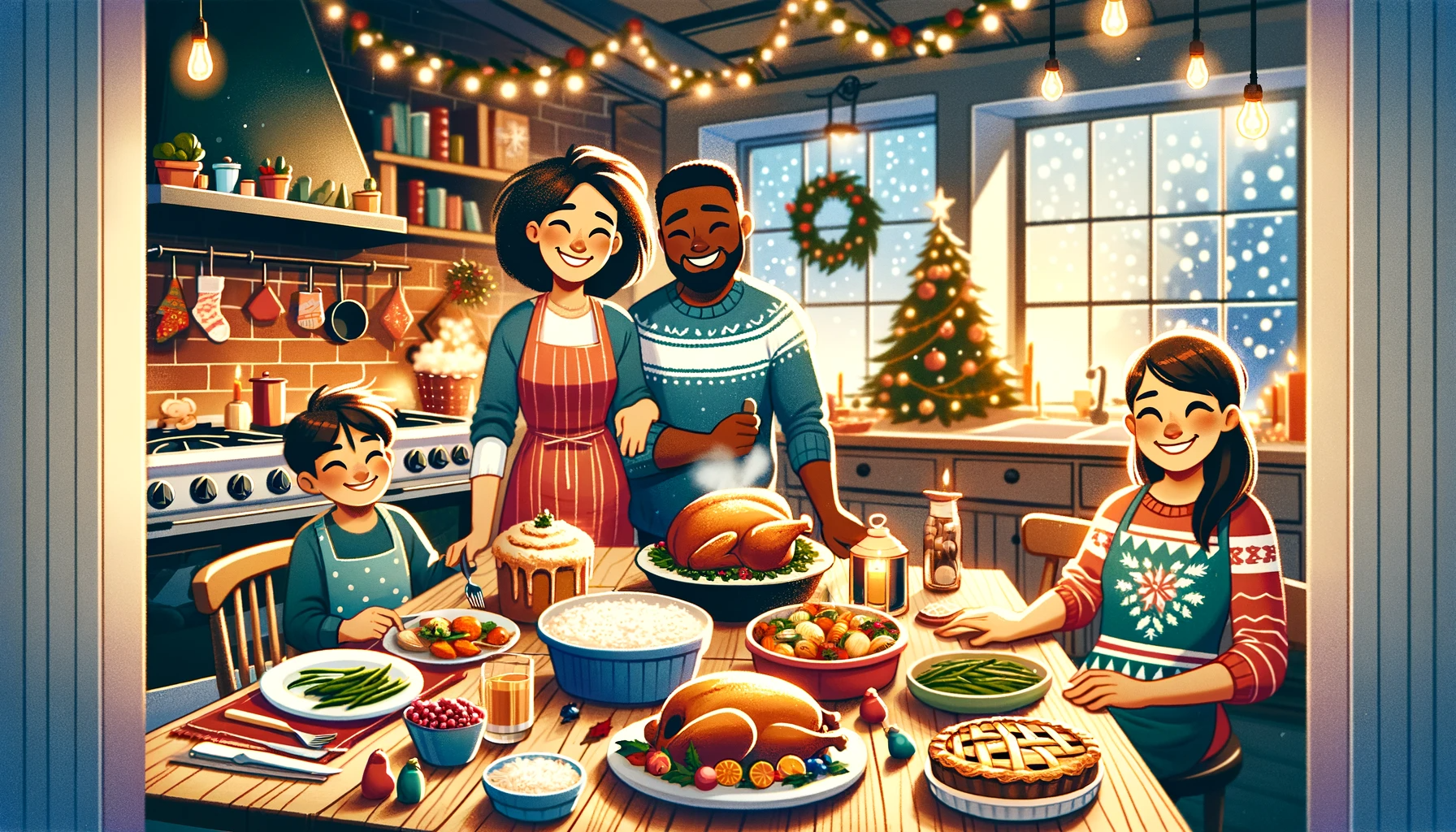  festive cartoon-style image depicting a cosy kitchen with a family preparing a Christmas meal. The table features a turkey, pie and various vegetables 