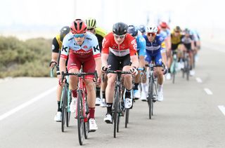 Alex Dowsett (Katusha-Alpecin) leading the peloton