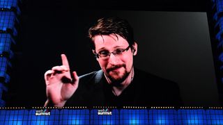 4 November 2019; Edward Snowden, President, Freedom of the Press Foundation, on Centre Stage during the opening night of Web Summit 2019 at the Altice Arena in Lisbon, Portugal.