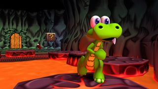 A close-up shot of Croc as he hops from platform to platform, surrounded by lava.