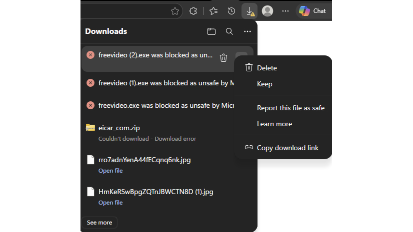 Browser downloads panel with files blocked as unsafe and a context menu open.