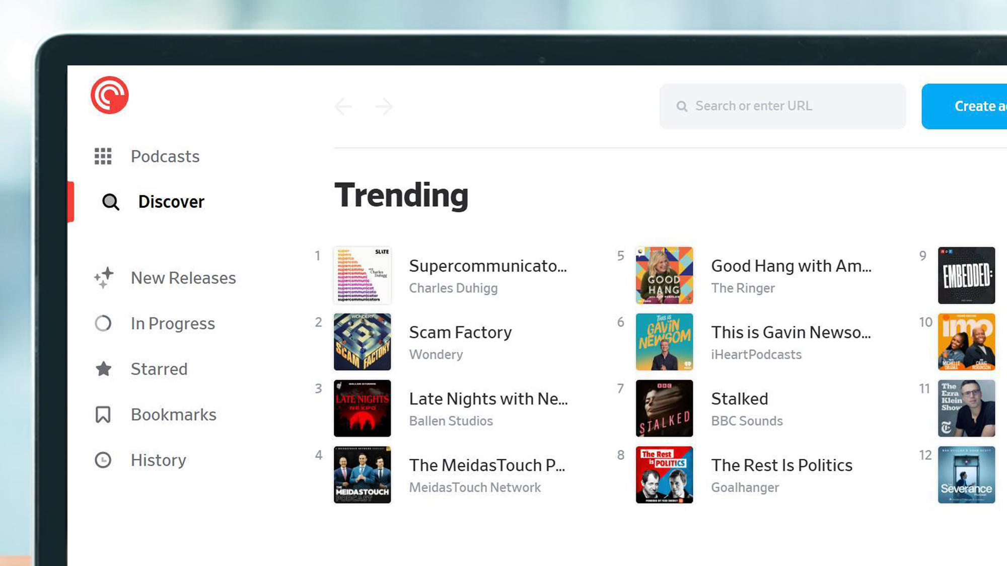 A close up of Pocket Casts' web page that shows the top trending podcasts