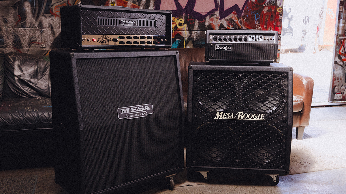 Mesa/Boogie stacks against a patterned background