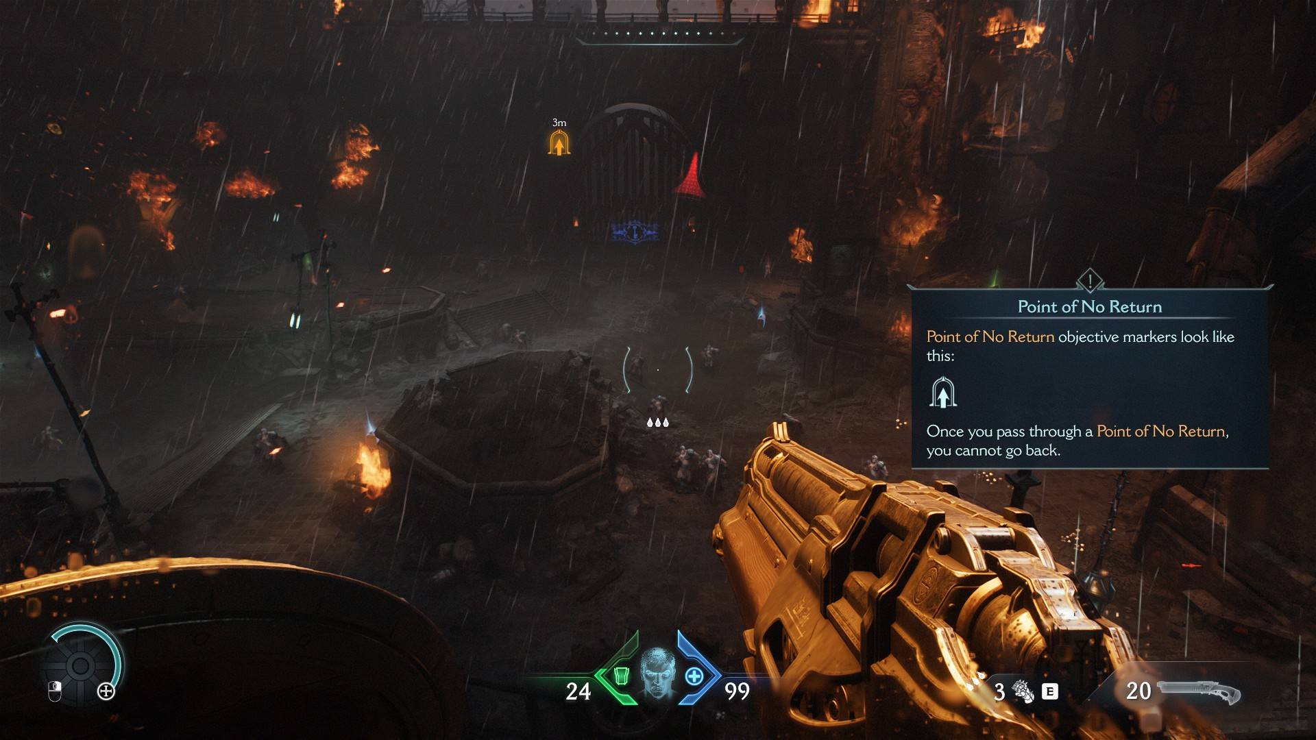 DOOM: The Dark Ages gameplay with Doomslayer looking onto open space with enemies.