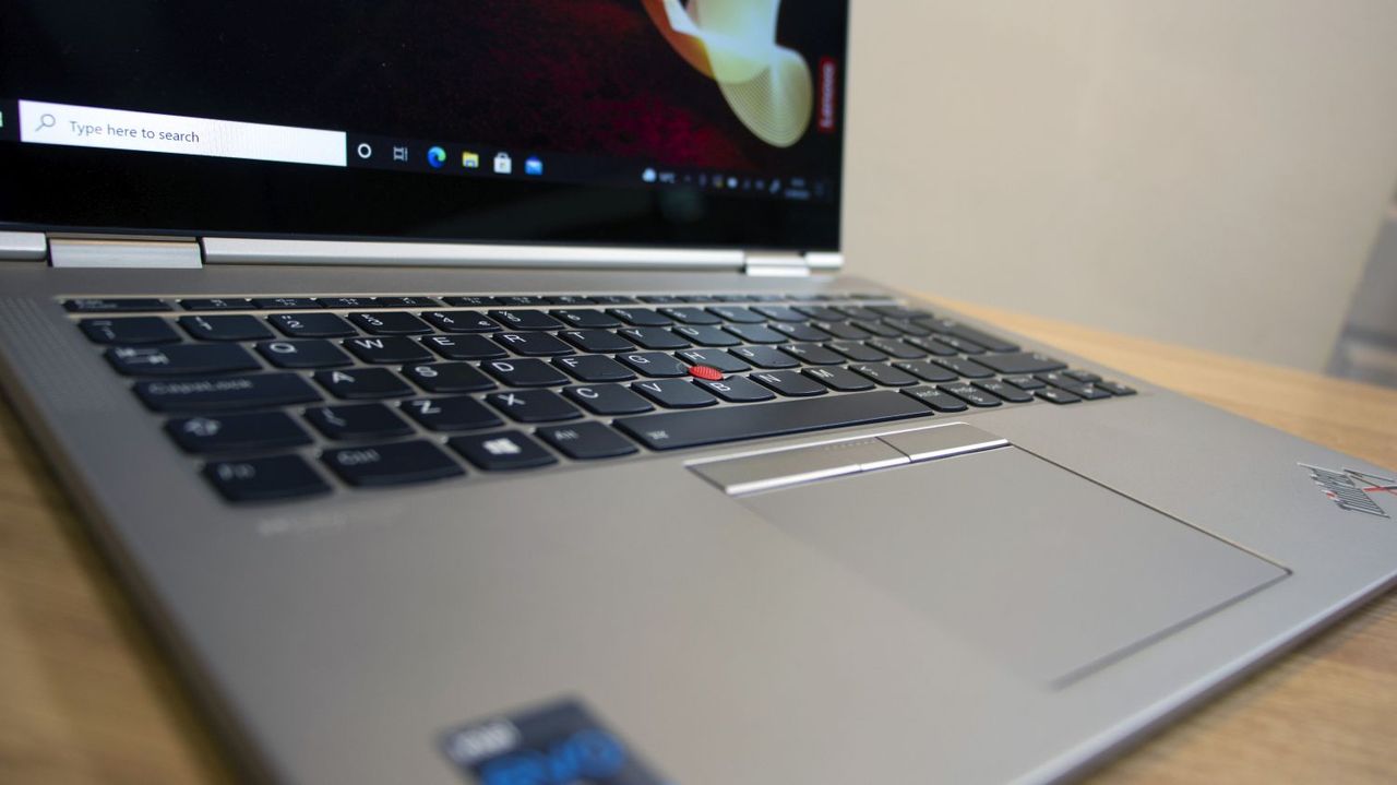 A closeup of the Lenovo ThinkPad X1 Titanium Yoga's keyboard and trackpad