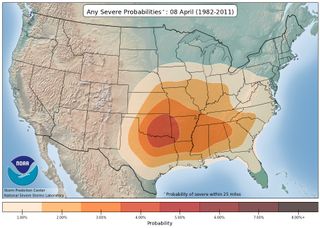 Map graphic showing the climatological probabilities of severe weather on April 8.