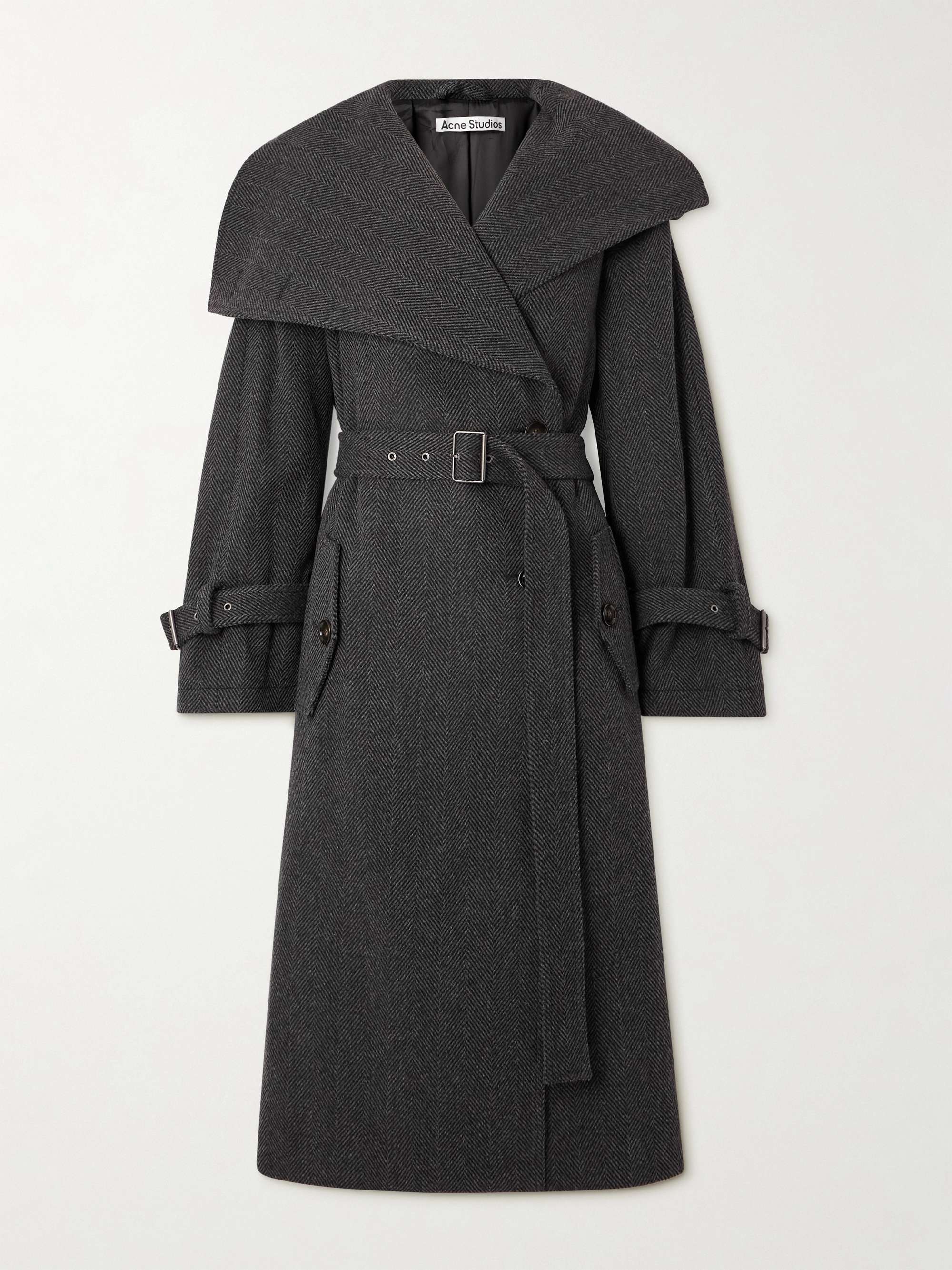 Oversized Belted Herringbone Wool-Blend Coat