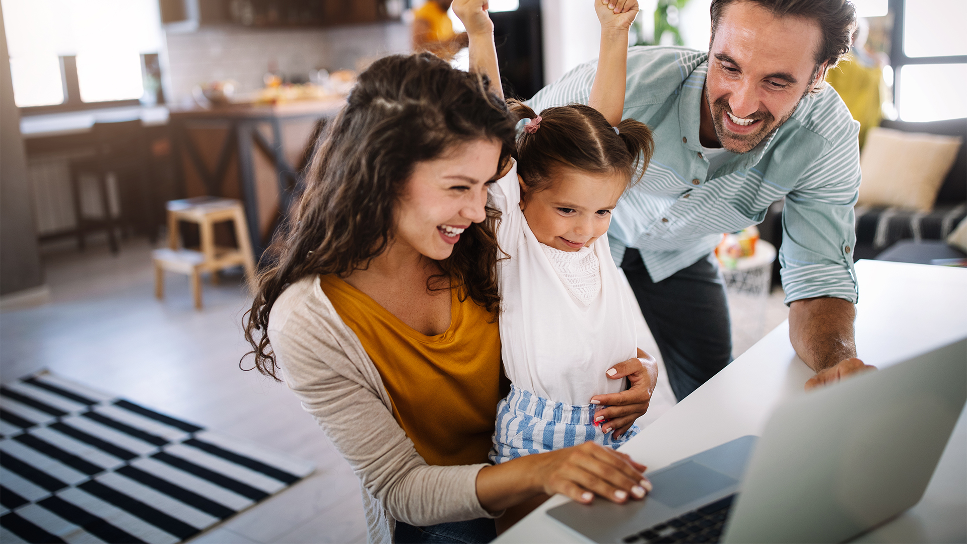 Family, child, happiness technology and home concept. Happy family together