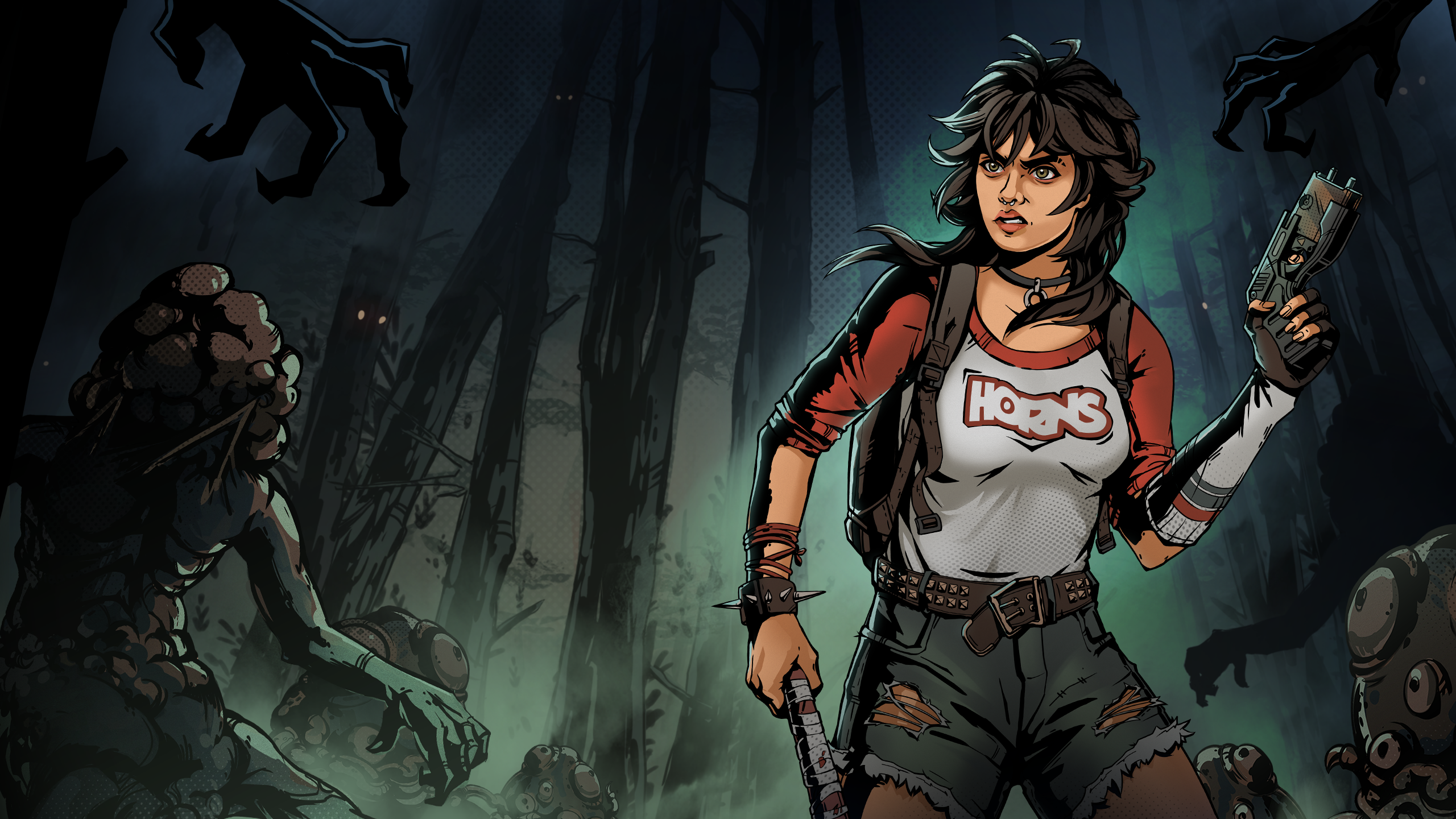 I Hate This Place video game, a comic art illustration of a woman with a gun a wood at night