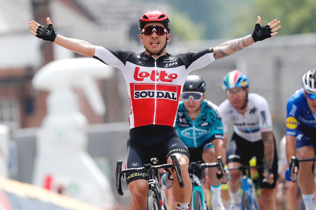 HAMOIR BELGIUM JUNE 12 Caleb Ewan of Australia and Team Lotto Soudal celebrates at arrival during the 90th Baloise Belgium Tour 2021 Stage 4 a 1527km stage from Hamoir to Hamoir baloisebelgiumtour on June 12 2021 in Hamoir Belgium Photo by Bas CzerwinskiGetty Images