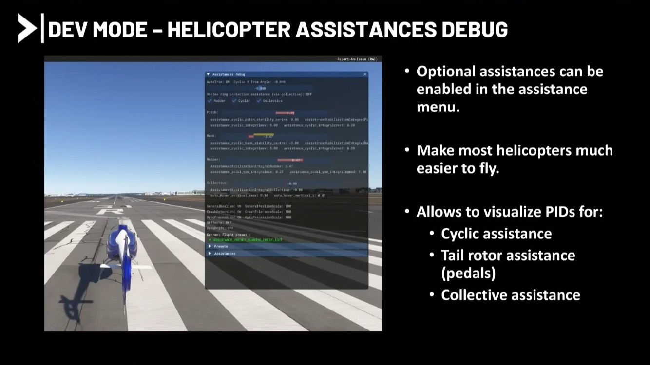 A screenshot from the Microsoft Flight Simulator 2024 presentation at FSExpo 2026 detailing new helicopter debug tools coming in Sim Update 6.