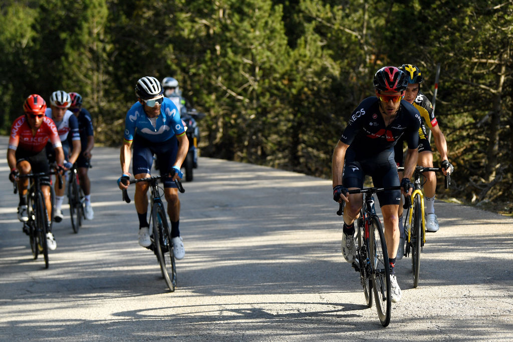 VALLTER 2000 SETCASES VALL CAMPRODON SPAIN MARCH 24 Adam Yates of United Kingdom and Team INEOS Grenadiers Sepp Kuss of United States and Team Jumbo Visma Alejandro Valverde Belmonte of Spain and Movistar Team Giulio Ciccone of Italy and Team Trek Segafredo Nairo Alexander Quintana Rojas of Colombia and Team Arka Samsic during the 100th Volta Ciclista a Catalunya 2021 Stage 3 a 2031km stage from Canal Olmpic de Catalunya to Vallter 2000 Setcases Vall Camprodon 2125m Attack VoltaCatalunya100 on March 24 2021 in Vallter 2000 Setcases Vall Camprodon Spain Photo by David RamosGetty Images