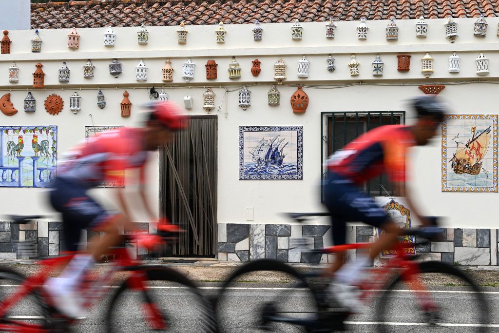 LAGOS PORTUGAL FEBRUARY 15 The peloton pass in front of a house decorated with portuguese pottery during the 49th Volta ao Algarve em Bicicleta 2023 Stage 1 a 2002km stage from Portimo to Lagos VAlgarve2023 on February 15 2023 in Lagos Portugal Photo by Tim de WaeleGetty Images