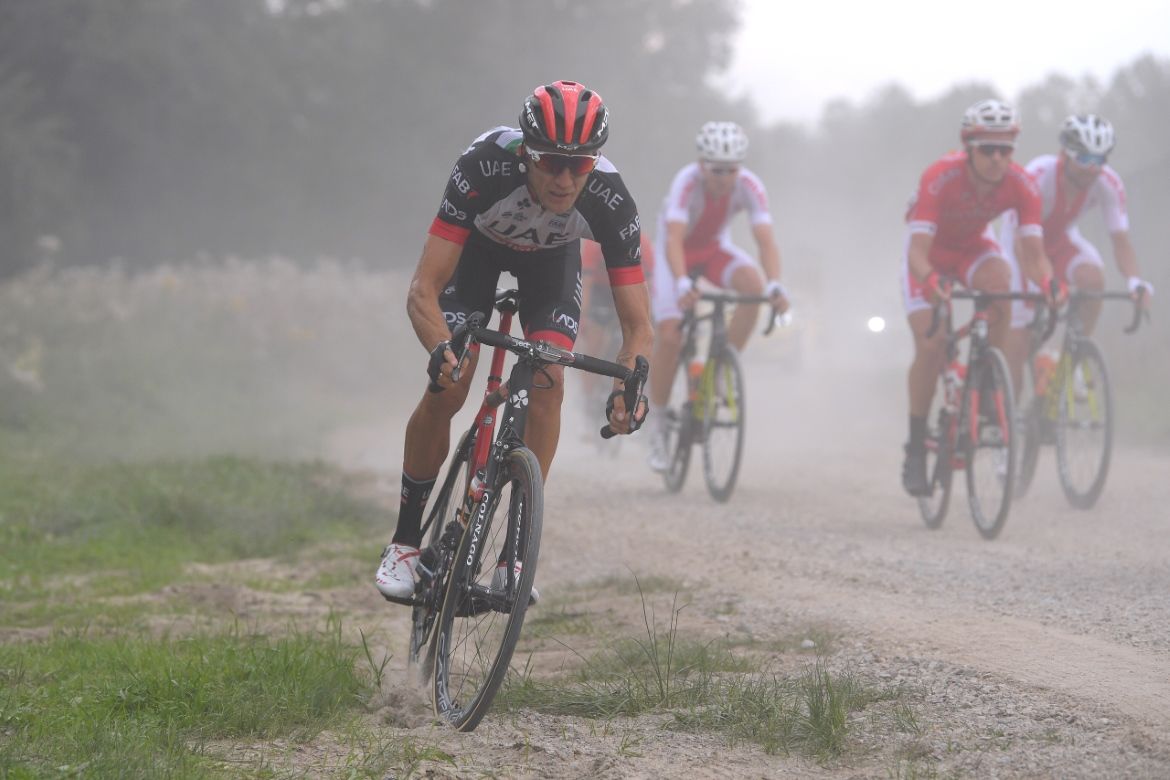 Valerio Conti (UAE Team Emirates) goes off roading on the off-road section