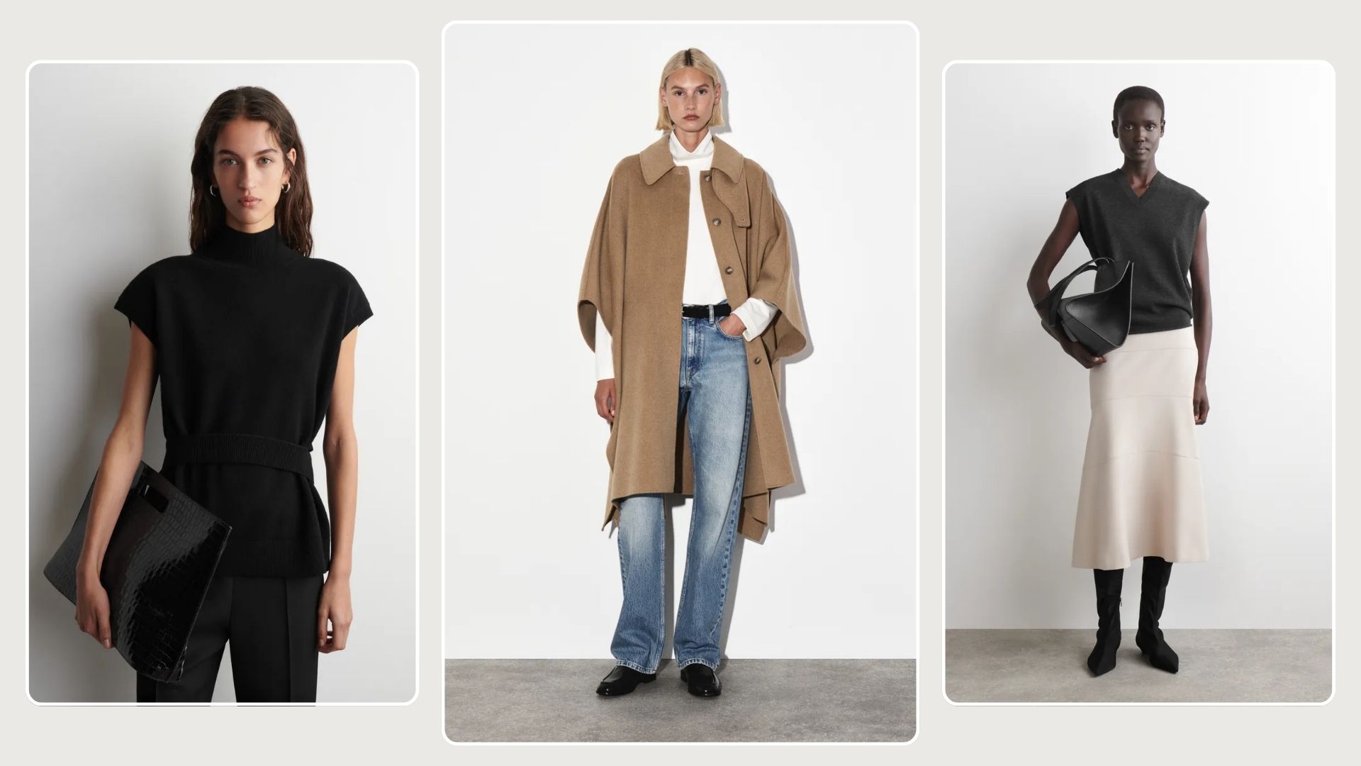 Model wears black top and carries black bag; model wears beige cape coat, white top, blue jeans and loafers; model wears black vest, white midi skirt and knee-high boots