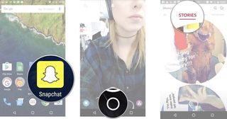 Launch Snapchat from your home screen, tap on the smaller white circle, and then tap on the stories tab.