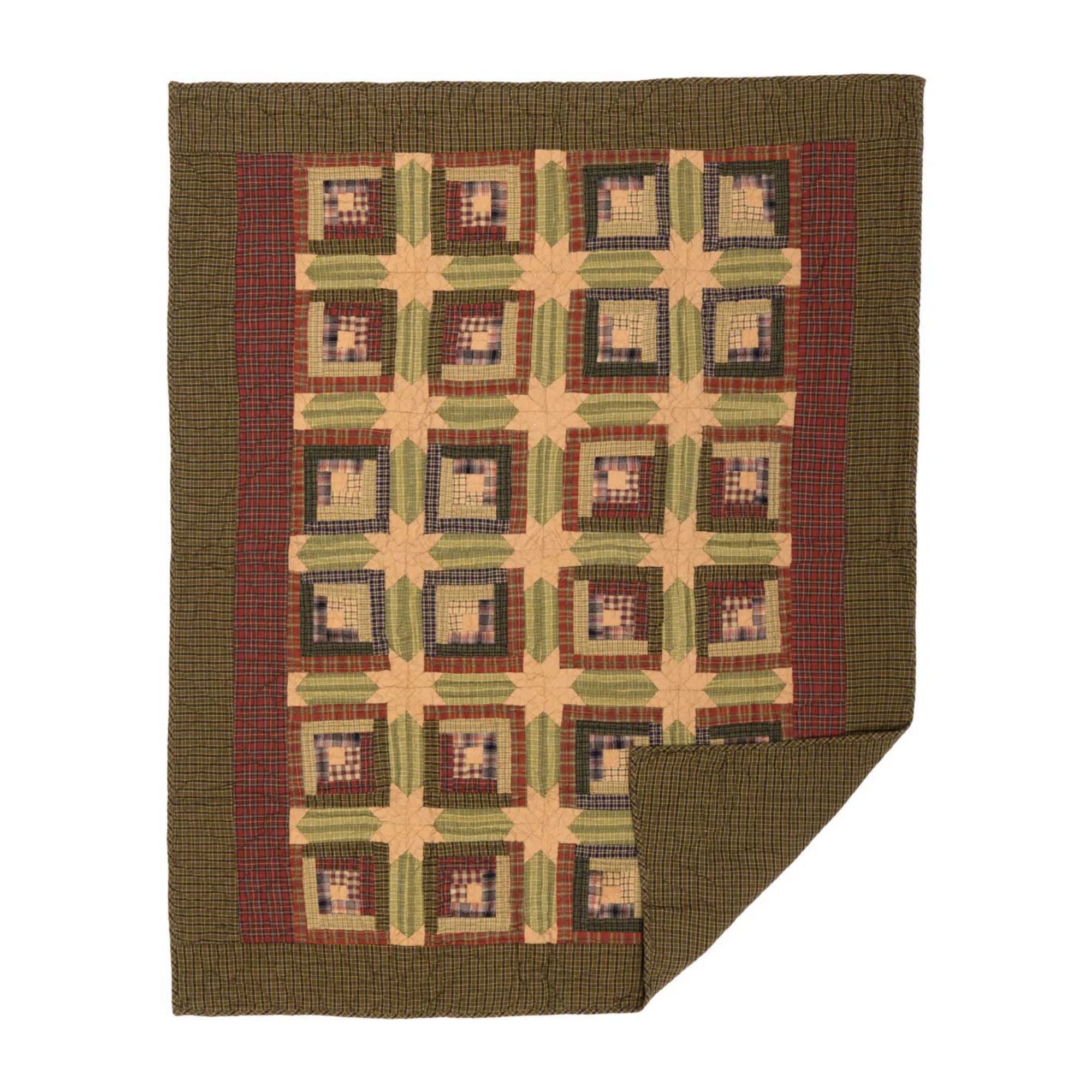 Olive green and maroon patterned quilt