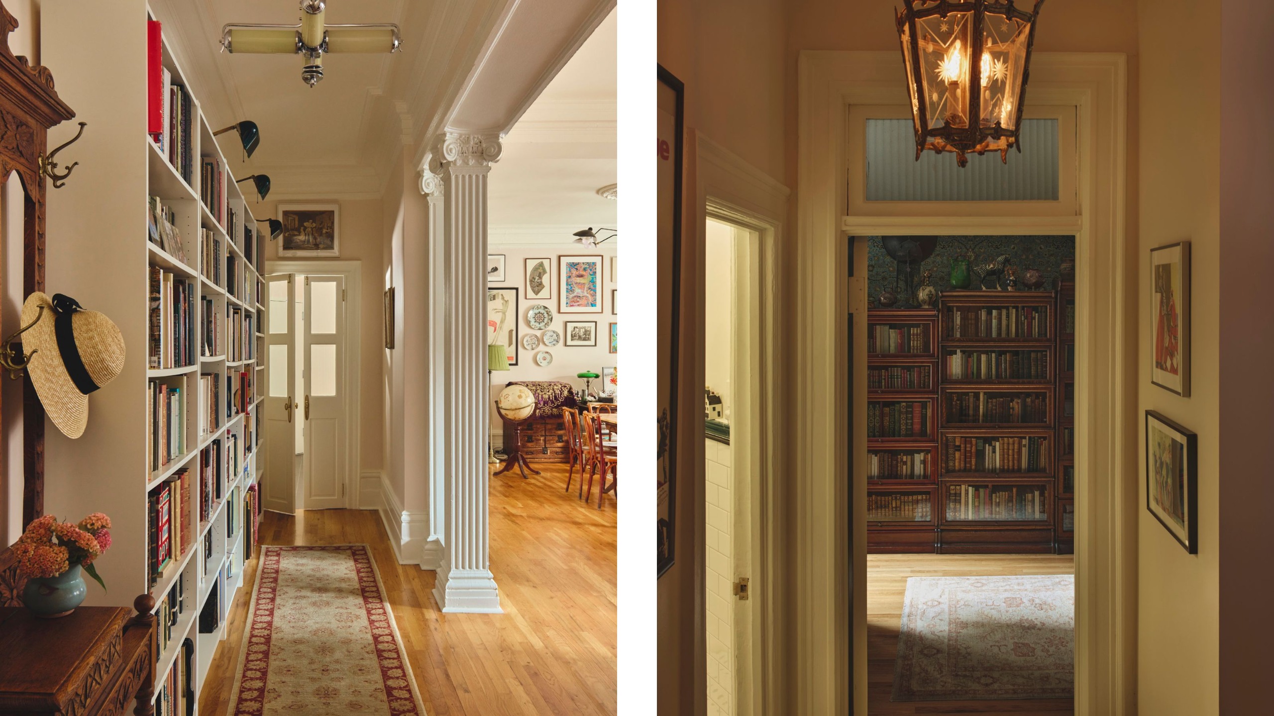Side-by-side view of a hallway lined with white bookshelves leading past classic columns, and a doorway looking into a dark wood home library.