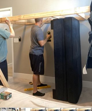 man drilling to make a DIY loft bed in a bedroom - Brooke Waite