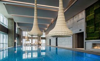 Bubble lamps floating above the 25m pool