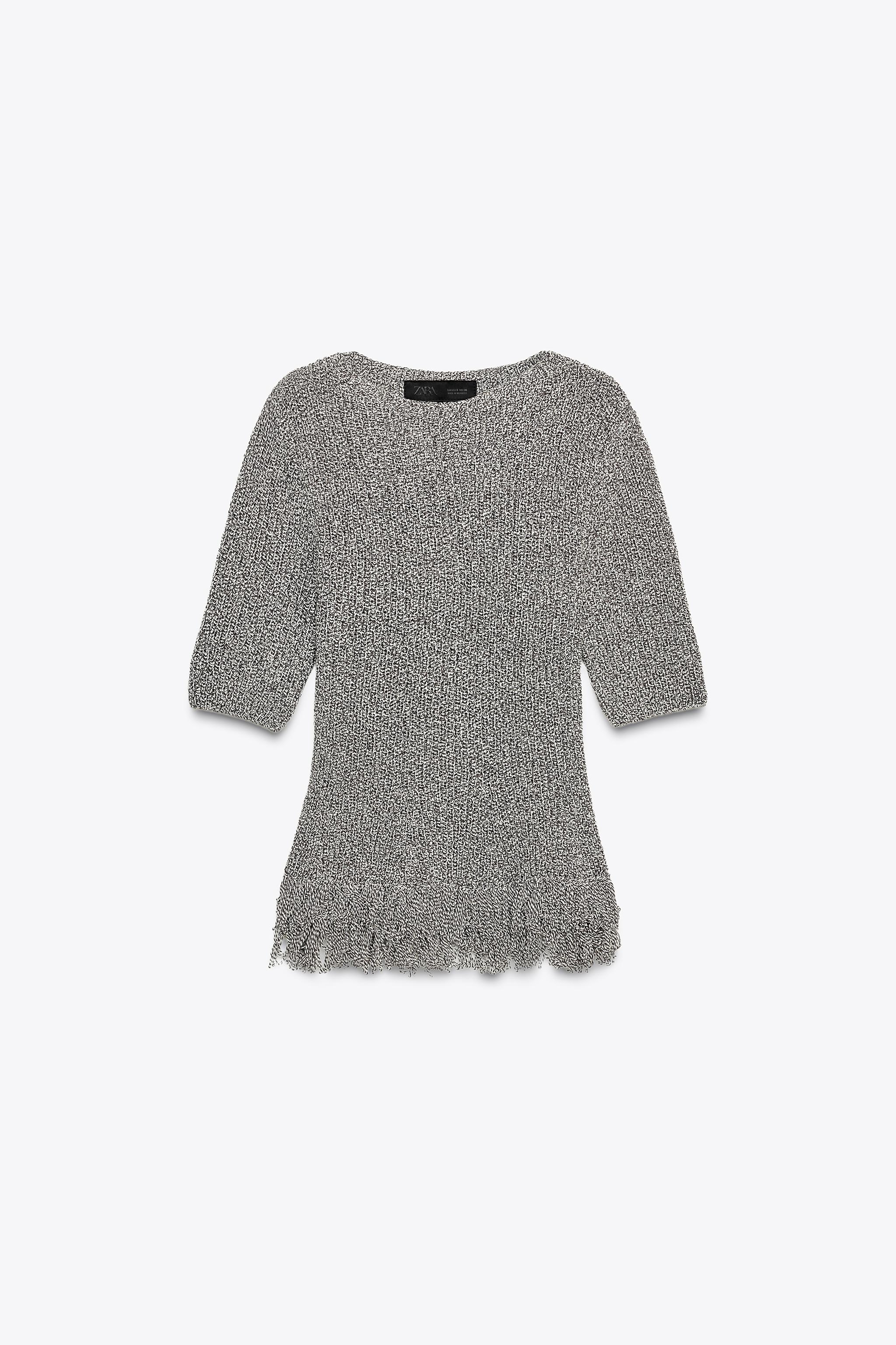 ZARA Fringed Knit Short Sleeve Sweater