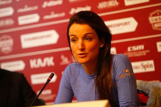 Lizzie Armitstead speaks to the media at the Strade Bianche press conference.