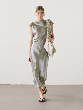 Satin Midi Dress With Cowl Neckline