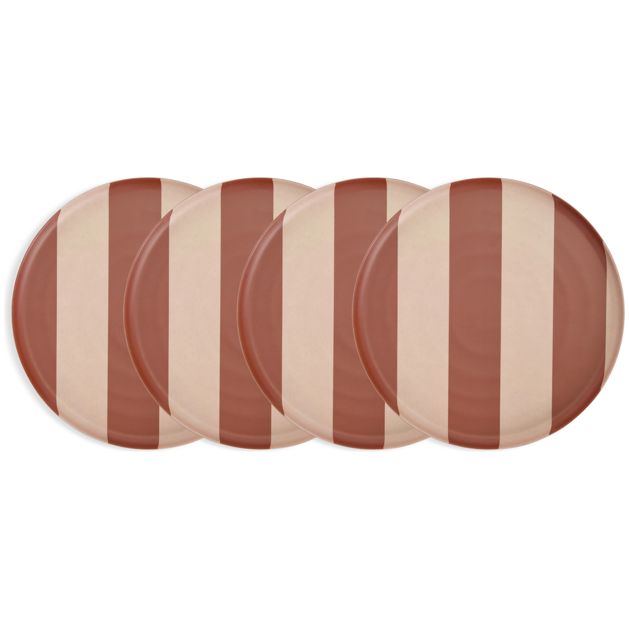 set of four plates with a dark red and light pink stripe pattern