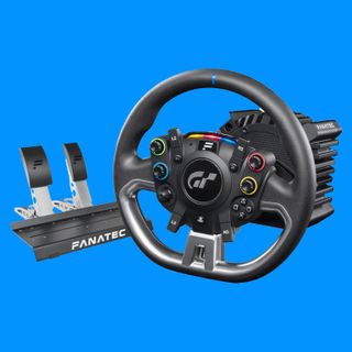 The most upgradeable racing wheel, the Fanatec DD Pro, on a blue background, with pedals