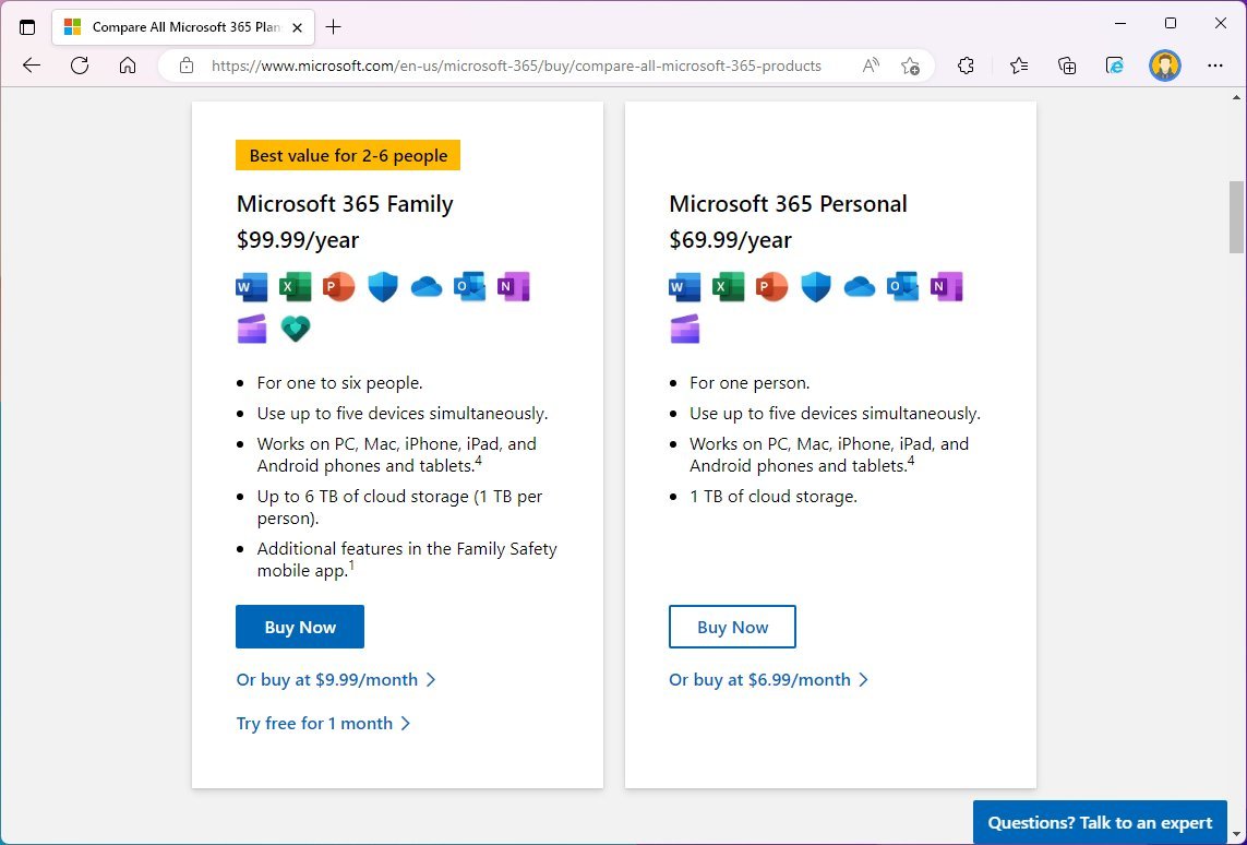 Página de producto de Microsoft 365