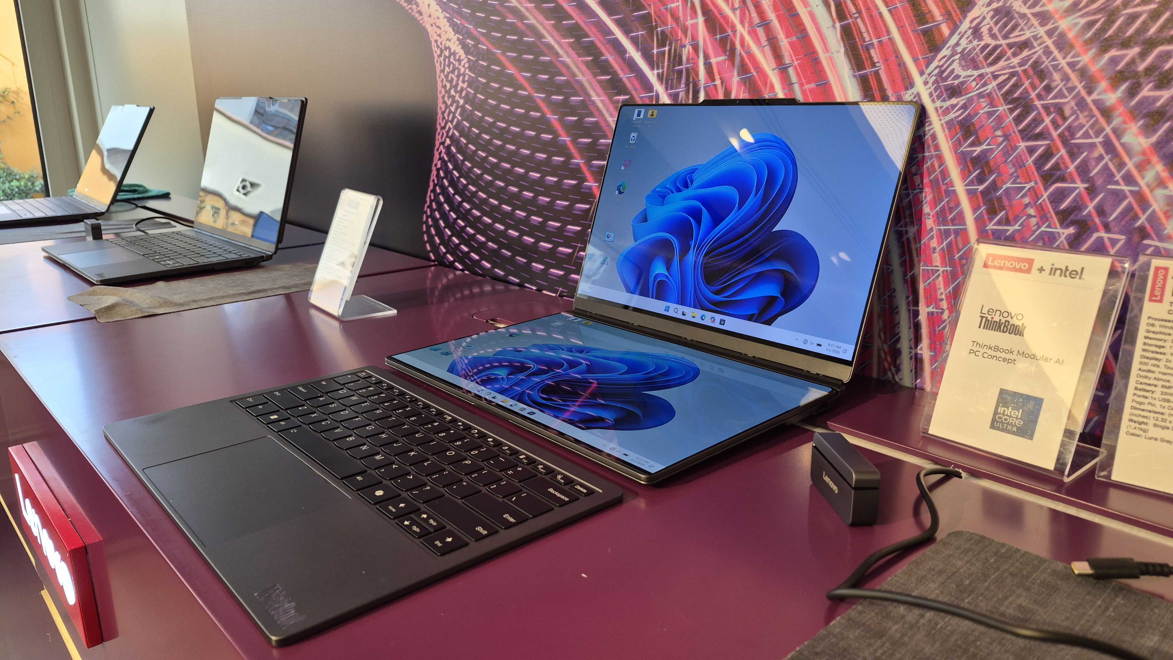 Lenovo ThinkBook Modular AI PC proof of concept pictured at MWC 2026 in Barcelona, Spain.