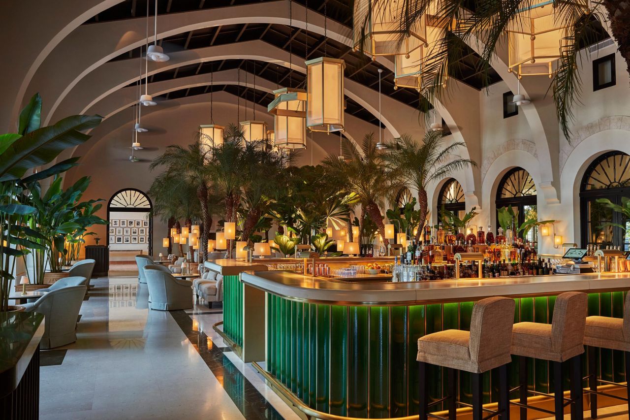 Miami hotel interior with palm trees